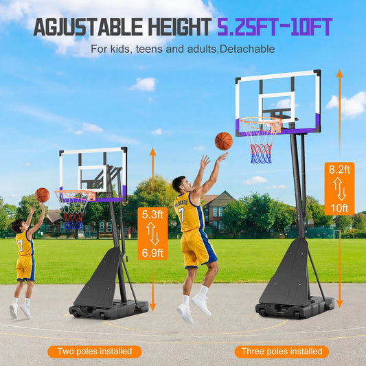 Basketball Hoop System,Quickly Height Adjustable 5.25-10Ft, 44 Inch PC Backboard Portable Basketball Goal for Outdoor Indoor Court