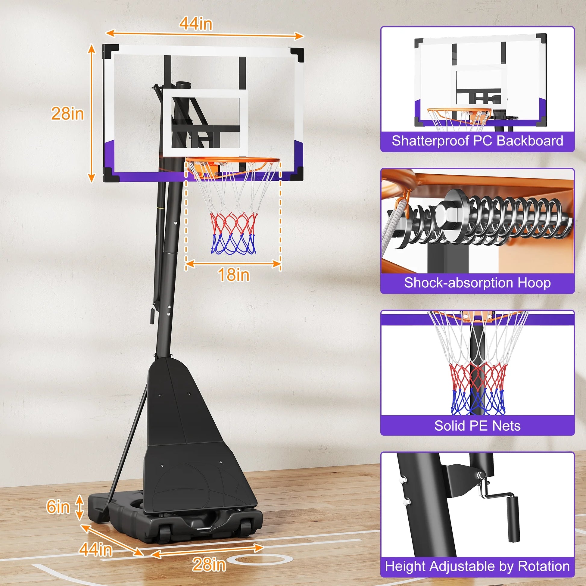 Basketball Hoop System,Quickly Height Adjustable 5.25-10Ft, 44 Inch PC Backboard Portable Basketball Goal for Outdoor Indoor Court