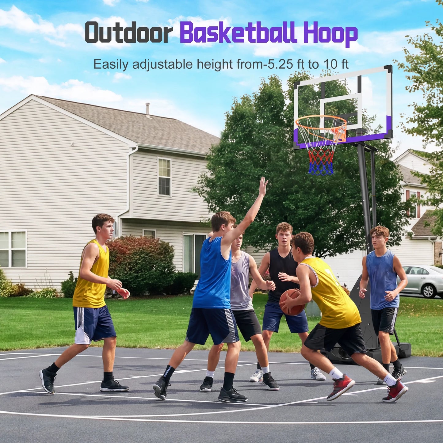 Basketball Hoop System,Quickly Height Adjustable 5.25-10Ft, 44 Inch PC Backboard Portable Basketball Goal for Outdoor Indoor Court