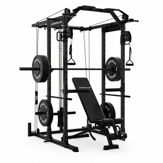 Power Cage, Squat Rack with Dual Pulley Cable Crossover System, Multifunction Free Weight Home Gym Workout Machine with Attachments Black