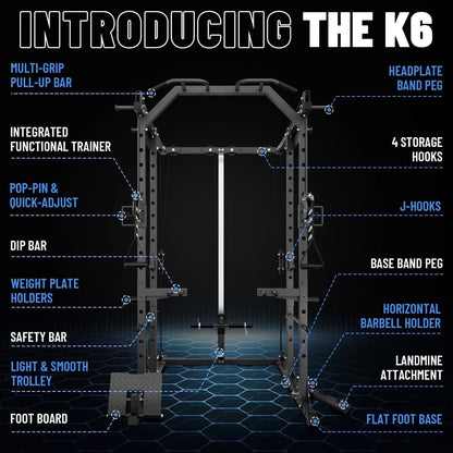 Power Cage, Squat Rack with Dual Pulley Cable Crossover System, Multifunction Free Weight Home Gym Workout Machine with Attachments Black